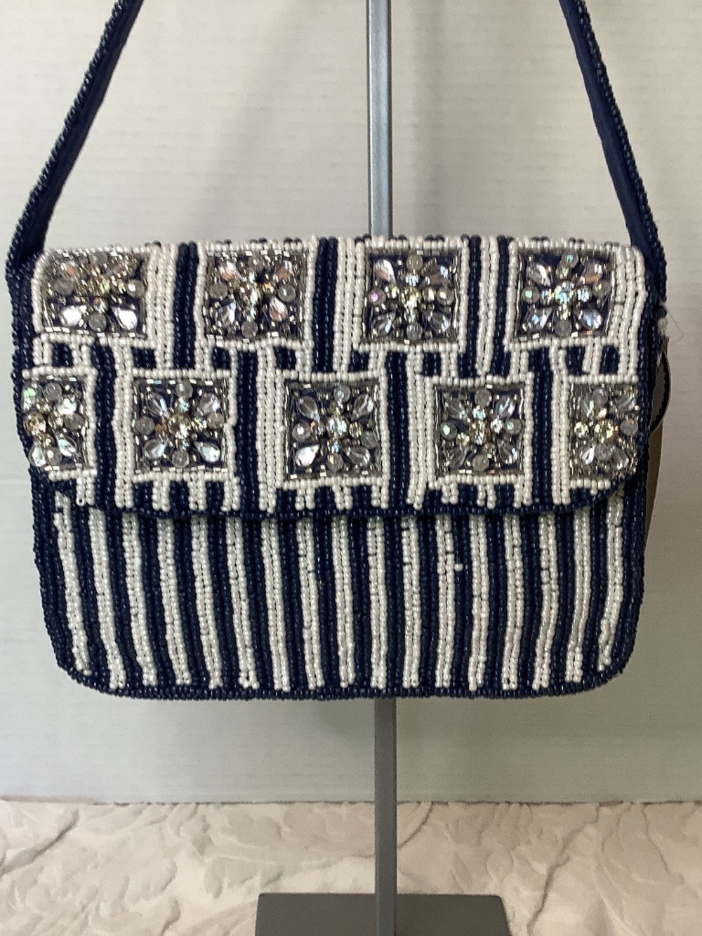 NWT Studio 12 blue white Beaded shoulder bag evening handcrafted